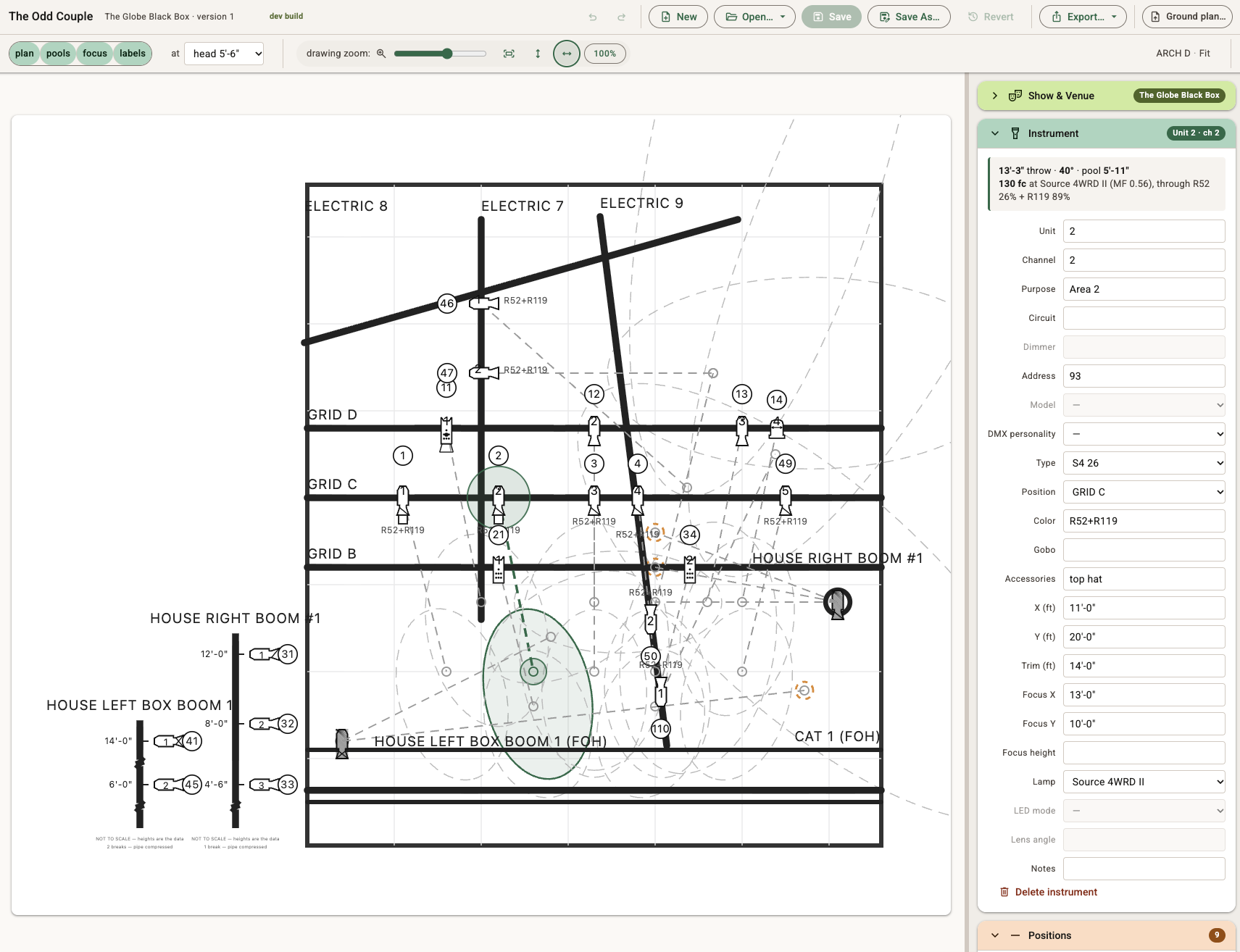 The plotedit editor: a light plot on grid pipes with beam pools and focus lines, boom elevations beside the plan, and an inspector panel reading 13 feet 3 inches throw, 40 degrees, a 5 foot 11 pool and 130 footcandles after two colours of gel.